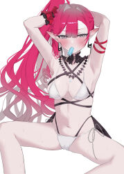 Rule 34 | 1girl, 590kogure590, absurdres, armpits, arms behind head, arms up, baobhan sith (fate), baobhan sith (swimsuit pretender) (third ascension) (fate), bare shoulders, bikini, blush, breasts, bridal gauntlets, cleavage, detached collar, earrings, fate/grand order, fate (series), food, grey eyes, highres, jewelry, large breasts, long hair, looking at viewer, navel, pink hair, pointy ears, popsicle, side ponytail, sidelocks, sitting, solo, swimsuit, thighhighs, thighs, white bikini, white thighhighs