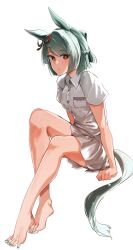1girl absurdres animal_ears barefoot bob_cut bow braid closed_mouth commentary crown_braid dress_shirt ear_ribbon folded_ponytail frown fujimasa_march_(umamusume) full_body green_hair green_nails highres horse_ears horse_girl invisible_chair kakuteru_sudachi looking_at_viewer miniskirt nail_polish pleated_skirt red_eyes school_uniform shirt short_hair short_sleeves simple_background sitting skirt solo toenail_polish toenails umamusume umamusume:_cinderella_gray white_background white_shirt white_skirt wing_collar