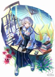 1girl black_gloves blue_kimono book book_stack boots braid commentary_request fishnet_gloves fishnets full_body gloves grass green_eyes grey_hair hand_up highres holding holding_removed_eyewear japanese_clothes kagawa_ichigo kimono lace-up_boots long_hair long_sleeves looking_at_viewer nijisanji official_alternate_costume oil-paper_umbrella scroll shioriha_ruri shioriha_ruri_(2nd_costume) sitting smile solo twin_braids umbrella unworn_eyewear virtual_youtuber white_boots