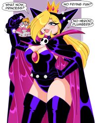 2girls absurdres animal_ears black_cape black_leotard blonde_hair blue_eyes boots bracelet breasts brooch cape cleavage crown dress earrings elbow_gloves english_text evil_smile fake_animal_ears fang gem giant giantess gloves hair_over_one_eye hand_on_own_hip highres hood hood_up hooded_cape jewelry large_breasts latex latex_leotard leotard long_hair mario_(series) mario_power_tennis mario_tennis mini_crown multiple_girls nico-neko nintendo petticoat picking_up pink_dress pink_gemstone princess_peach purple_cape purple_leotard skull_brooch smile sphere_earrings spiked_belt spiked_bracelet spikes strapless strapless_leotard thigh_boots warupeach wavy_hair white_gloves