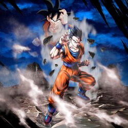 Rule 34 | 2boys, aura, black eyes, black hair, dragon ball, dragon ball legends, dragon ball super, father and son, fighting stance, highres, martial arts, multiple boys, muscular, muscular male, official art, serious, son gohan, son goku, sparring, training