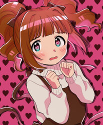 1girl aqua_eyes blush bow brown_bow brown_hair hair_bow hands_up heart heart-shaped_pupils heart_background highres idolmaster idolmaster_(classic) long_sleeves naruse_ill open_mouth pink_background solo sweater symbol-shaped_pupils takatsuki_yayoi turtleneck turtleneck_sweater twintails upper_body white_sweater