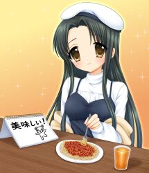 11eyes 1girl absurdres beret closed_mouth cup eating food fork hat highres holding holding_fork kigidere long_hair long_sleeves looking_at_viewer pasta shirt smile solo spaghetti spiral_notebook tachibana_kukuri white_hat white_shirt