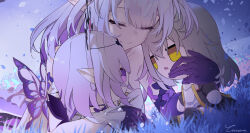 1girl absurdres breasts caisena castorice_(honkai:_star_rail) character_doll chinese_commentary closed_eyes closed_mouth commentary_request gloves grey_hair highres honkai:_star_rail honkai_(series) hugging_doll hugging_object large_breasts long_hair lying objectification on_grass on_stomach pointy_ears purple_gloves purple_hair sidelocks signature smile solo stelle_(honkai:_star_rail) trailblazer_(honkai:_star_rail)