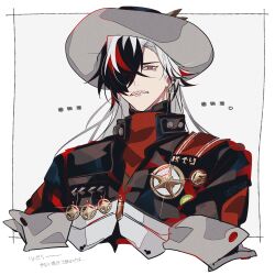 1boy absurdres black_hair black_jacket boothill_(honkai:_star_rail) commentary cowboy cowboy_hat cropped_jacket cyborg grey_background grey_hair hair_over_one_eye hat highres honkai:_star_rail honkai_(series) jacket long_hair looking_at_viewer male_focus sharp_teeth simple_background solo teeth u_5ham0 upper_body western