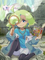 1girl absurdres ahoge blue_eyes blue_shirt book chain chain_necklace ciphermaniac_(pokemon) closed_mouth gen_1_pokemon gold_necklace green_hair hair_over_one_eye highres holding holding_book holding_magnifying_glass holding_pencil jacket jewelry key key_necklace legendary_pokemon magnifying_glass mew_(pokemon) mythical_pokemon necklace nintendo open_clothes open_jacket pencil pokemoa pokemon pokemon_(creature) pokemon_card pokemon_tcg ruins shirt short_hair shorts wavy_mouth