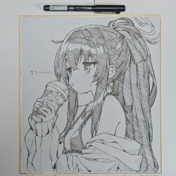 ahoge art_tools_in_frame bare_shoulders bikini blue_archive cardigan cup drink drinking_straw drinking_straw_in_mouth from_side hairband halo halterneck highres holding holding_cup ice ice_cube ink_(medium) jewelry lineart long_hair long_sleeves looking_afar makura_ken monochrome necklace official_alternate_costume open_cardigan open_clothes pen_(medium) ponytail shikishi sidelocks solo sweat sweater swimsuit traditional_media ui_(blue_archive) ui_(swimsuit)_(blue_archive) upper_body