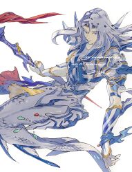 1boy blue_eyes cecil_harvey closed_mouth dene_tri final_fantasy final_fantasy_iv fins fish_tail floating gold_trim grey_hair hair_ornament highres holding holding_weapon long_hair male_focus merman monster_boy paladin_(final_fantasy) parted_lips shoulder_spikes solo spikes tail weapon white_background