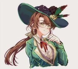 1girl bow brown_hair collared_shirt cynthia_(uuzz5324) eyewear_strap feathers flower glasses gloves green_eyes green_feathers green_hat green_jacket hair_bow hand_up hat hat_feather hat_flower highres jacket kakania_(reverse:1999) long_hair looking_at_viewer low_ponytail neck_ribbon picture_hat ponytail red_ribbon reverse:1999 ribbon shirt smile solo upper_body white_background white_gloves white_shirt yellow_bow yellow_flower