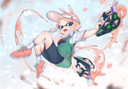 1girl :d blue_eyes blue_hair blue_shorts breasts chinese_commentary commentary_request dual_wielding full_body gradient_hair hair_ears hat highres holding holding_weapon inkling inkling_girl inkling_player_character jersey jinkoika looking_at_viewer multicolored_hair nintendo open_mouth outstretched_arm parted_bangs pink_hair pink_hat pink_shoes pointy_ears second-party_source shirt shoes short_hair short_sleeves shorts sidelocks small_breasts smile sneakers socks solo splatoon_(series) tentacle_hair tetra_dualies_(splatoon) two-tone_hair visor_cap weapon white_shirt white_socks
