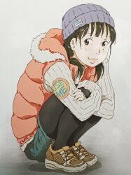 beanie black_pantyhose brown_eyes brown_hair commentary drawstring full_body fur-trimmed_hood fur_trim hat highres hood hood_down hugging_own_legs looking_at_viewer mole mole_under_eye monodevil original padded_vest pantyhose patch shoes shoulder_patch simple_background smile sneakers squatting sweater thick_lips twintails winter_clothes