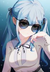 1girl absurdres bang_dream! bang_dream!_it&#039;s_mygo!!!!! black_ribbon blue_background blue_hair breasts commentary eyes_visible_through_eyewear highres large_breasts long_hair neck_ribbon ribbon round_eyewear shirt solo sunglasses tanuki_(pixiv33822028) togawa_sakiko upper_body white_shirt yellow_eyes