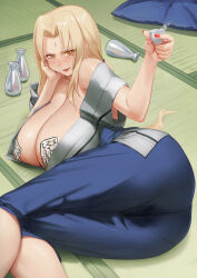 1girl ass blonde_hair blush bottle breasts brown_eyes choko_(cup) covered_erect_nipples cup drunk facial_mark forehead_mark highres huge_breasts looking_at_viewer low_twintails lying mature_female naruto_(series) off_shoulder ofuda ofuda_on_nipples on_floor on_side pasties pussy_juice_stain qingmingtongzi sake_bottle solo tsunade_(naruto) twintails