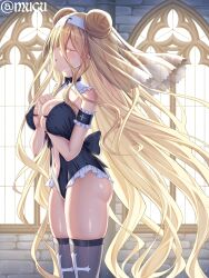 1girl armband between_breasts black_armband black_dress black_ribbon black_thighhighs blonde_hair bow bowtie breasts church closed_eyes closed_mouth clothing_cutout cross date_a_live dot_mouth double_bun dress frilled_dress frills hair_bun headgear highres hoshimiya_mukuro indoors large_breasts light_blush light_particles long_hair navel navel_cutout nun oppai_loli own_hands_together praying ribbon solo standing thighhighs thighs tsubasaki twitter_username very_long_hair window yellow_eyes