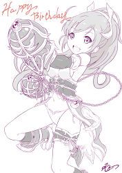 1girl breasts clothing_cutout corset highres iris_mysteria! k_(nura-rikuo) large_breasts monochrome off_shoulder panties ponytail underwear