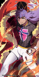 1boy absurdres baseball_cap cape closed_mouth dynamax_band facial_hair fur-trimmed_cape fur_trim gloves hat highres holding holding_poke_ball leggings leon_(pokemon) long_hair male_focus nintendo partially_fingerless_gloves poke_ball pokemon pokemon_swsh purple_hair red_cape shirt shorts single_glove solo ultra_ball watermark white_leggings white_shorts wristband youchengyan