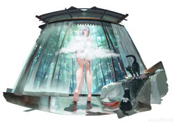 1girl absurdres bed black_cat cat convenient_censoring curtains eos_(neural_cloud) food from_below fruit girls&#039;_frontline girls&#039;_frontline_neural_cloud glass_door highres laowei_shi_tu looking_at_viewer looking_back official_alternate_costume official_art plate red_eyes see-through_curtains solo steam steam_censor tree watermelon white_hair window