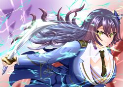 1girl absurdres artist_name assault_lily black_necktie blue_jacket blue_skirt blurry blurry_background braid breasts butterfly_hair_ornament commentary_request debris detached_collar energy epaulettes floating_hair funada_kiito gradient_background green_eyes grin hair_between_eyes hair_ornament highres holding holding_sword holding_weapon jacket large_breasts leaning_forward long_hair long_sleeves looking_at_viewer mole mole_under_eye necktie parted_lips purple_background purple_hair rea_nameko red_background side_braid single_braid skirt smile solo standing sword upper_body very_long_hair waist_cape weapon