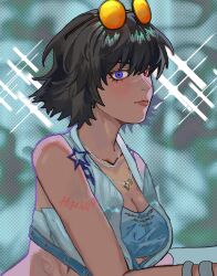1girl absurdres artist_name black_hair blue_eyes breasts cleavage devil_may_cry:_peak_of_combat devil_may_cry_(series) eyewear_on_head heterochromia highres ifa_(hifchn) jewelry lady_(devil_may_cry) midriff necklace red_eyes scar scar_on_face scar_on_nose short_hair tinted_eyewear