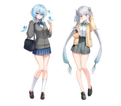 2girls absurdres alternate_costume aqua_bow aqua_bowtie bag bare_legs black_shoes black_skirt blue_bow blue_bowtie blue_butterfly blue_hair blue_skirt blush book bow bowtie breasts bright_pupils brown_shoes bug butterfly butterfly_on_hand cardigan closed_mouth collared_shirt colored_eyelashes commentary full_body gradient_hair grey_cardigan hair_between_eyes hair_bow hand_up highres holding holding_book insect jinhsi_(wuthering_waves) koy_(4767269) legs loafers long_hair looking_at_viewer low_twintails medium_breasts mole mole_on_cheek mole_on_thigh multicolored_hair multiple_girls multiple_hair_bows parted_lips purple_eyes red_pupils school_bag school_uniform shirt shirt_tucked_in shoes shorekeeper_(wuthering_waves) simple_background skirt smile socks twintails very_long_hair white_background white_eyes white_pupils white_shirt white_socks wuthering_waves yellow_cardigan