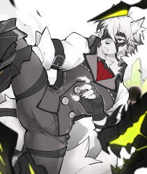 1boy absurdres animal_ears ascot bicep_strap black_gloves claws colored_tips commentary english_commentary ethereal_(zenless_zone_zero) eyepatch fingerless_gloves furry furry_male gloves grey_pants grey_vest highres male_focus multicolored_hair pants prosthesis prosthetic_leg red_ascot red_eyes shirt shoko_contane tail vest von_lycaon white_background white_shirt wolf_boy wolf_ears wolf_tail zenless_zone_zero