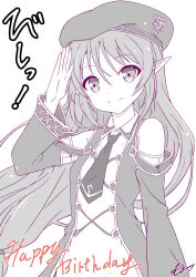 1girl beret breasts hat highres irina_bondarchuk iris_mysteria! k_(nura-rikuo) long_hair monochrome off_shoulder pointy_ears salute small_breasts smile