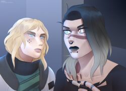 Rule 34 | 2girls, ahoge, artist name, black hair, black lips, black nails, black shirt, blonde hair, blue eyes, bright pupils, collarbone, curtained hair, deadlock (valorant), ear piercing, enpera, eyebrow cut, face piercing, facial mark, fade (valorant), gradient hair, green shirt, henna, heterochromia, highres, jacket, jewelry, lipstick, looking at another, makeup, medium hair, mole, mole under eye, multicolored hair, multiple girls, multiple rings, nose piercing, nose ring, open clothes, open jacket, piercing, pov, ring, scarf, sentlau, shirt, snakebite (piercing), tattoo, turtleneck, upper body, valorant, white jacket, white pupils