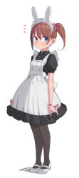 1girl animal_ears black_pantyhose blue_eyes brown_hair closed_mouth dot_mouth eyes_visible_through_hair full_body hair_between_eyes highres looking_at_viewer maid maid_headdress original pantyhose puffy_short_sleeves puffy_sleeves rabbit_ears ribbon saiste shoes short_sleeves simple_background solo twintails white_background white_shoes wrist_ribbon