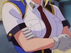 1990s_(style) 1girl animated animated_gif between_breasts blonde_hair blue_eyes blue_thighhighs breasts burn-up burn-up_excess female_focus gloves indoors kinezono_rio large_breasts necktie necktie_between_breasts police police_uniform policewoman reaching retro_artstyle short_hair sitting solo talking thighhighs white_gloves zettai_ryouiki