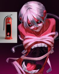 0820_lakia 1girl arms_behind_back bandages black_background black_sclera colored_sclera colored_skin commentary_request dilated_pupils exposed_bone extra_mouth fire_extinguisher gradient_background highres korean_commentary looking_at_viewer mismatched_pupils original personification pink_background pink_hair red_skin reference_inset short_hair simple_background solo stomach_mouth upper_body white_eyes