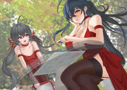 2girls absurdres ahoge ame_(3333) azur_lane bare_shoulders black_garter_straps board_game breasts center_opening chinese_commentary choker cleavage cocktail_dress commentary_request cosplay covered_erect_nipples crossed_legs dress evening_gown flat_chest from_below garter_straps glass_table hair_between_eyes hair_ornament hand_on_own_cheek hand_on_own_face heart heart_ahoge highres huge_breasts long_hair looking_at_another looking_at_viewer mother_and_daughter multiple_girls official_alternate_costume outdoors red_choker red_dress red_eyes sitting sleeveless sleeveless_dress table taihou-chan_(azur_lane) taihou_(azur_lane) taihou_(azur_lane)_(cosplay) taihou_(forbidden_fruit)_(azur_lane) tree twintails very_long_hair