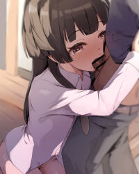 1boy 1girl bar_censor black_hair blunt_bangs blush bottomless brown_eyes censored collared_shirt commentary_request fellatio female_pubic_hair heart heart-shaped_pupils hetero highres idolmaster idolmaster_shiny_colors indoors long_hair mayuzumi_fuyuko naked_shirt oral penis pubic_hair seneto shirt solo_focus symbol-shaped_pupils white_shirt