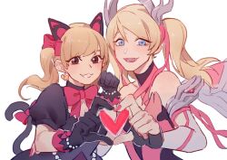 2girls animal_ears black_cat_d.va black_dress black_gloves blonde_hair blue_eyes blush bow breasts brown_eyes cat_ears cat_tail cleavage cleavage_cutout clenched_hand clothing_cutout commentary d.va_(overwatch) die_(kurosb) dress english_commentary fake_animal_ears fingerless_gloves floating_hair gloves hair_bow heart heart_hands heart_hands_duo horns looking_at_viewer mercy_(overwatch) multiple_girls overwatch overwatch_1 pink_bow pink_dress pink_mercy pink_nails small_breasts smile tail twintails upper_body