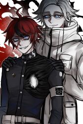 2boys ahoge aotsuki_eito armband black_gloves black_hair blue_eyes closed_mouth crazy_eyes crazy_smile eyelashes glasses gloves grin height_difference highres last_defense_academy_school_uniform male_focus messy_hair multiple_boys open_mouth red_hair smile sumino_takumi teeth the_hundred_line_-last_defense_academy- white_hair zipper zipper_pull_tab