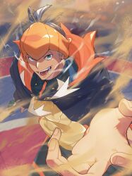 1boy black_hoodie blue_eyes collared_shirt earrings gloves gunjo_shizuko headband highres hood hood_down hoodie jewelry looking_at_viewer male_focus nintendo open_mouth orange_headband partially_fingerless_gloves pokemon pokemon_swsh raihan_(pokemon) sand shirt short_hair single_glove solo teeth tongue twitter_username