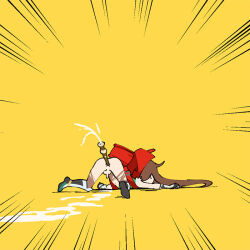 1boy after_anal aftersex anal anal_object_insertion androgynous anus anus_peek ass bag bodysuit brown_hair chibi cum cum_in_ass cum_overflow defeat emphasis_lines flute full_body holding holding_flute holding_instrument humiliation instrument kyoufuu_all_back_(vocaloid) leotard long_hair lying multicolored_leotard object_insertion on_stomach parody school_bag simple_background small_penis solo taimanin_(series) taimanin_rpgx taimanun testicles torn_bodysuit torn_clothes torn_leotard trap uehara_shikanosuke wide_hips yaoi yellow_background