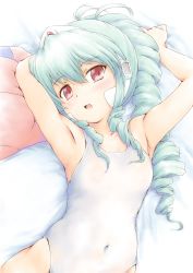 1girl :d armpits arms_up bare_arms bare_shoulders bed_sheet blue_hair breasts collarbone covered_navel drill_hair female_focus galaxy_angel highres light_blue_hair looking_at_viewer lying normad on_back one-piece_swimsuit open_mouth pink_eyes ponytail shimamoto_(natsuki) small_breasts smile solo swimsuit vanilla_h white_one-piece_swimsuit