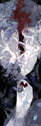 2boys absurdres baldur&#039;s_gate baldur&#039;s_gate_3 black_hair blood cazador_szarr cuts dungeons_&amp;_dragons dungeons_&amp;_dragons eye_contact fang fingernails flower highres injury koi leaf long_fingernails long_hair looking_at_another male_focus midair multiple_boys pointy_ears red_eyes vellioth vihua6 white_hair