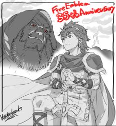 2boys anniversary armor beard cape commentary_request facial_hair fire_emblem fire_emblem:_shadow_dragon_and_the_blade_of_light greyscale highres kozaki_yuusuke male_focus marth_(fire_emblem) medeus monochrome multiple_boys nintendo old old_man red_eyes short_hair shoulder_armor signature sketch spot_color sword tiara weapon