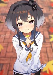 Rule 34 | 1girl, absurdres, anchor necklace, autumn leaves, black hair, blue sailor collar, blurry, brick road, brown eyes, depth of field, dress, ginkgo leaf, hat, highres, jewelry, kantai collection, leaf, mini hat, neckerchief, necklace, sailor collar, sailor dress, short hair, short hair with long locks, sidelocks, smile, smokestack, smokestack hair ornament, solo, thick eyebrows, tied dress, toketa-sekai, tokitsukaze (kancolle), twitter username, white dress, yellow neckerchief