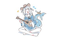 1girl blue_hair blue_hoodie blue_tail closed_eyes cowboy_hat ebi-chan_(gawr_gura) fins fish_tail full_body gawr_gura gawr_gura_(1st_costume) hat highres holding_ukulele hololive hololive_english hood hoodie instrument long_hair lyrinne music playing_instrument shark_girl shark_tail simple_background solo_focus tail virtual_youtuber white_background
