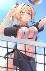 1girl absurdres ars_rg0412 ball bikini black_bow black_choker black_hairband black_sarong black_shrug blonde_hair blue_eyes blue_sky blurry blurry_foreground blush bow breasts choker cloud commentary_request concentrating cowboy_shot day depth_of_field double-parted_bangs drawstring from_below hair_between_eyes hair_ornament hairband hand_up highres hololive hooded_shrug jewelry jumping kazama_iroha large_breasts lens_flare long_bangs long_hair long_sidelocks looking_at_object medium_hair navel necklace net outdoors outstretched_arm parted_lips ponytail sarong serious shrug_(clothing) side-tie_bikini_bottom sideboob sidelocks sky solo sparkle stomach swimsuit very_long_hair volleyball volleyball_(object) volleyball_net white_bikini