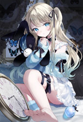1girl aqua_eyes ass bare_shoulders barefoot black_bow black_ribbon blonde_hair blue_pajamas blue_shirt bow clock hair_bow hair_ribbon haruhiruri head_tilt highres indoors leg_belt liver_city long_hair long_sleeves looking_at_viewer no_panties pajamas parted_lips ribbon shirt single_off_shoulder sleeves_past_wrists solo thighs twintails wall_clock