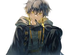 1boy black_gloves colored_inner_hair commentary earrings fagi_(kakikaki) gloves highres holostars hood hood_down jewelry multicolored_hair short_hair simple_background solo two-tone_hair virtual_youtuber white_background yatogami_fuma yellow_eyes