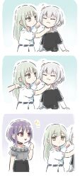 3girls bang_dream! bang_dream!_it&#039;s_mygo!!!!! belt black_choker black_shirt blue_belt blush choker closed_eyes closed_mouth commentary dress frilled_shirt frills green_hair grey_shirt headpat highres kaname_raana layered_sleeves long_hair long_sleeves lyy mortis_(bang_dream!) mortis_(persona)_(bang_dream!) multiple_girls pink_eyes purple_hair school_uniform scratching_chin shirt short_hair short_over_long_sleeves short_sleeves smile symbol-only_commentary trait_connection tsukinomori_school_uniform wakaba_mutsumi white_dress white_hair white_shirt yellow_eyes yuutenji_nyamu