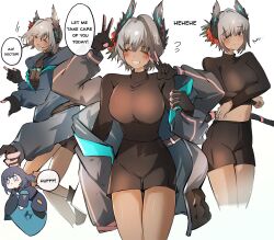 Rule 34 | 2girls, arknights, arya melati, black hair, black jacket, blue eyes, blush, breasts, brown shoes, brown shorts, chibi, closed eyes, commentary, doctor (arknights), english commentary, english text, extra arms, female doctor (arknights), flying sweatdrops, grey hair, grey jacket, hair intakes, highres, jacket, large breasts, long sleeves, mini person, minigirl, multiple girls, multiple views, navel, open clothes, open jacket, puffy long sleeves, puffy sleeves, raidian (arknights), shoes, short hair, short shorts, shorts, simple background, single hair intake, smile, undressing, white background