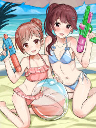 2girls :d ata_(tsumari) ball barefoot beach beach_umbrella beachball bikini blue_bikini blush bow bow_bikini breasts brown_eyes brown_hair cleavage collarbone hair_bun hair_ornament hairclip highres holding holding_water_gun jewelry looking_at_viewer multiple_girls navel necklace open_mouth original pink_bikini side-tie_bikini_bottom side_ponytail sitting small_breasts smile swimsuit teeth umbrella upper_teeth_only water water_gun yokozuwari