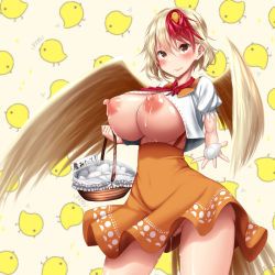1girl animal animal_on_head basket bird bird_on_head bird_tail bird_wings blonde_hair blush breasts breasts_out chick covered_navel cowboy_shot egg hair_between_eyes highres kawahagitei lactation large_breasts looking_at_viewer multicolored_hair nipples niwatari_kutaka no_bra no_panties on_head orange_skirt patterned_background puffy_short_sleeves puffy_sleeves pussy_juice pussy_juice_drip pussy_juice_trail red_eyes red_hair red_neckwear shiny_skin shirt short_hair short_sleeves sign skirt smile solo standing streaked_hair suspender_skirt suspenders tail touhou translation_request white_shirt wings yellow_background