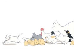 Rule 34 | animal, animal focus, azur lane, baby animal, bird, cat, chick, chicken, closed eyes, from side, hatski.sin, highres, manjuu (azur lane), no humans, open mouth, penguin, shadow, simple background, too many, white background, white cat