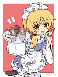 Rule 34 | 1girl, alternate costume, animal print, apron, blonde hair, brown shoes, collared shirt, commentary, cup, enmaided, frog print, green nails, highres, holding, holding tray, long hair, long sleeves, looking at viewer, maid, maid headdress, moriya suwako, nail polish, name tag, open mouth, pink background, purple skirt, purple vest, ramudia (lamyun), ribbon-trimmed sleeves, ribbon trim, shirt, shoes, skirt, sleeves past fingers, sleeves past wrists, solo, standing, standing on one leg, teapot, thighhighs, touhou, tray, vest, waist apron, white apron, white shirt, white thighhighs, wide sleeves, yellow eyes, yunomi